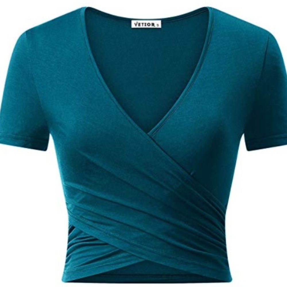 Deep V Neck Short Sleeve Cross Wrap Crop Top